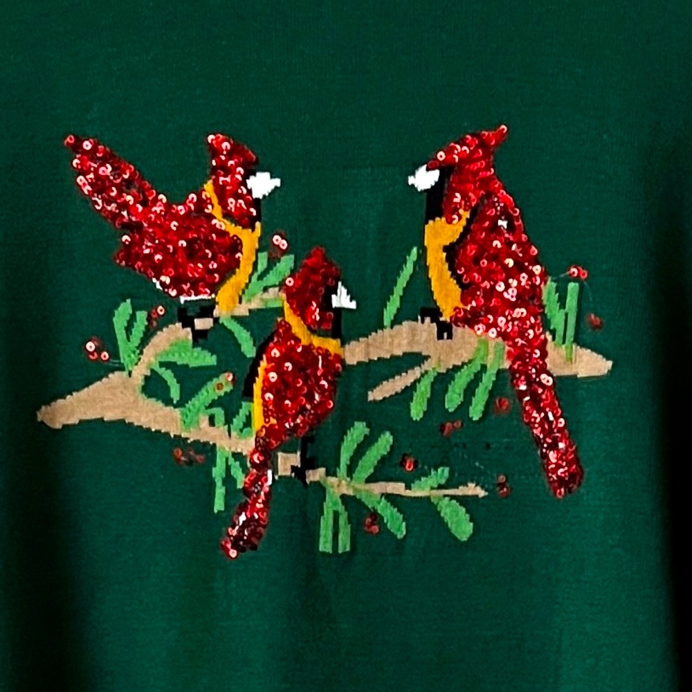 KIM ROGERS Sequined Cardinal Pullover Sweater Crewneck Green Red Christm… - Picture 2 of 7